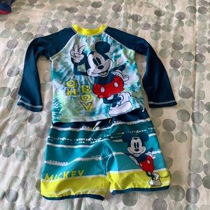 Mickey swim trunks and rash guard